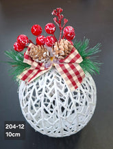 Glob decorativ Crăciun alb cu conuri și bobițe roșii - 10cm 5/set